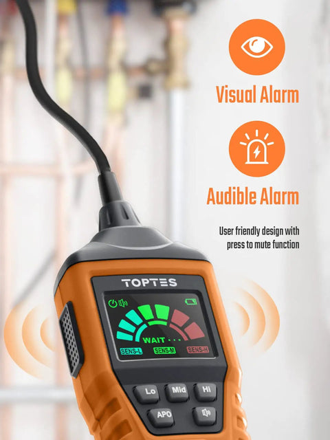 Close-up of gas leak detector with 17 inch gooseneck probe showing visual and audible alarm features.