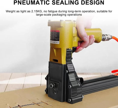 Pneumatic Handheld Carton Sealer Tool For Heavy Duty Box Packing sealing cardboard with air powered stapler, ergonomic design.
