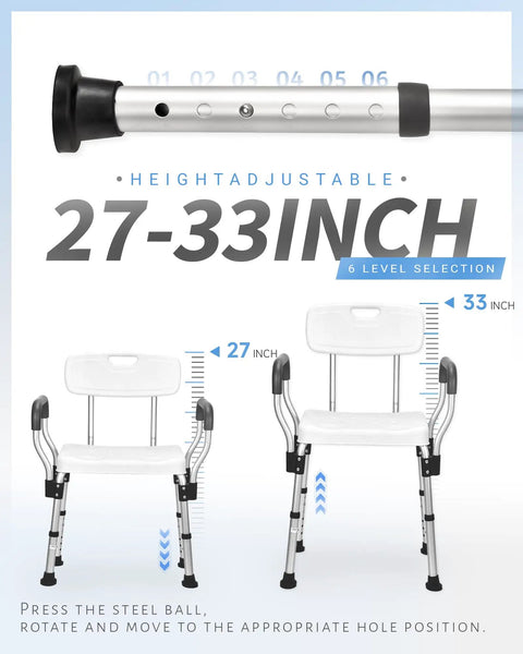 Heavy Duty Shower Chair With Back And Arms, Aluminum Frame, Adjustable Height 27-33 inches, Slip Resistant Leg Caps