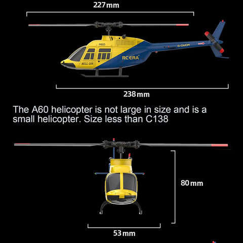 Mini 206 Style RC Helicopter Noob Friendly For Beginners And Adults 4CH Gyro Stabilized Aileronless Heli With Altitude Hold Optical Flow Positioning 2 Batteries Long Flight Time Grey Ready To Fly, showing dimensions