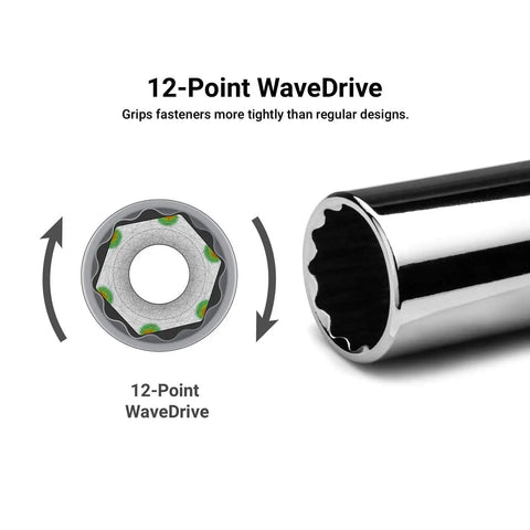 Quarter Inch Drive 12 Point Socket Set Deep And Shallow SAE Three Sixteenths To Nine Sixteenths Inch, showing 12-Point WaveDrive design.