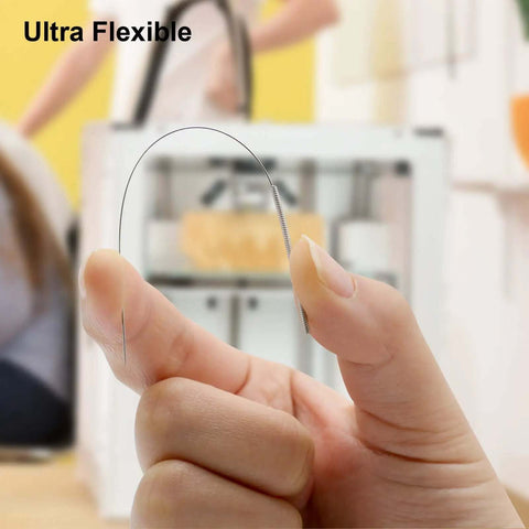 Close-up of a hand holding a flexible needle from the Nozzle Cleaning Kit For 3D Printers With Brush And Pro Tools in front of a 3D printer.