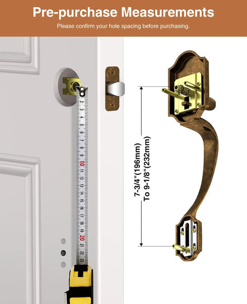 Vintage Brass Front Door Handle No Lock for Exterior Doors, Classic Entry Door Handle Reversible, measurement guide shown