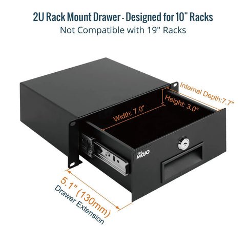 Heavy Gauge 2U Rack Mount Drawer For Server Cabinet With Smooth Locking Slide And Cable Management Cutouts Boasts Knockout Cold Rolled Steel Construction, 7" wide, for 10" racks.