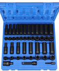 Three Eighth Inch Drive 43 Piece SAE And Metric Socket Set With Standard And Deep Length Sockets in a blue carrying case.