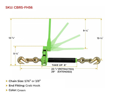 Dimensions of Hi Viz Green Beefy Heavy Duty Folding Handle Ratchet Load Binder With Grab Hook 7100 Lbs WLL For Flatbed Hauling