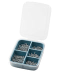 200 Piece Wood Screw Set With Galvanized Steel Fasteners In Three Lengths 4x16mm 4x25mm And 4x35mm, organized in a storage box.