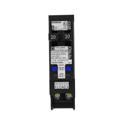 Front view of 20 Amp 120 Volt Tandem CAFCI Circuit Breaker 1 Pole QTAN Type Dual Circuits With LED Trip Indicators