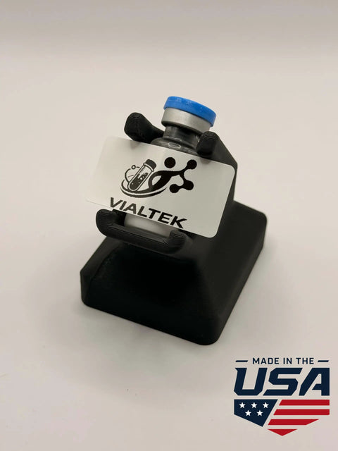 Top Notch 3ML Vial Label Applicator Hassle Free Alignment Station For 40X20MM Stickers with black base and blue cap.