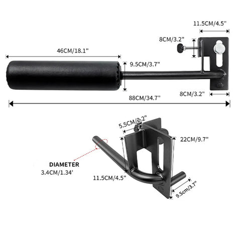 Diagram of Single Leg Squat Roller Attachment for Power Rack and Home Gym, showing dimensions and durable steel build.