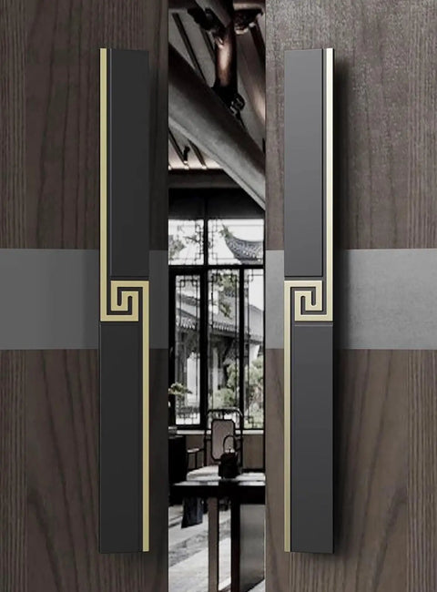 Heavy Duty Aluminum Pull Push Door Handles Two Sided For Front Doors Complete Kit For Double Door Entryways Perfect For Dual Door Setups And Deadbolt Compatibility shown installed on wooden double doors