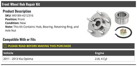 DIY Ready Front Wheel Hub Bearing Repair Kit With Hub Bearing Retaining Ring And Axle Nut For 2011 2013 Optima 2L 4 Cylinder Front Wheel Assembly Replacement Includes Pro Grade Components For A Secure Easy Install showing hub, bearing, ring, and axle nut.