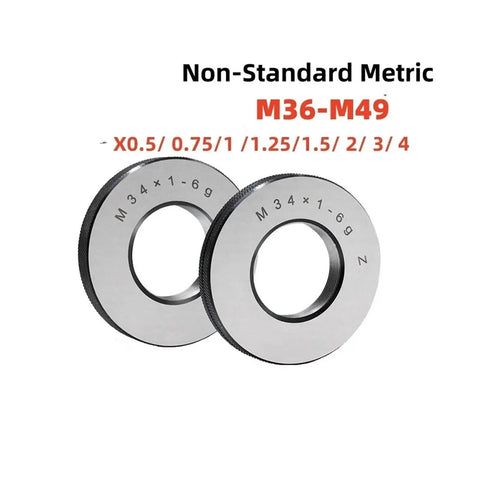 Go No Go Ring Gauge Set 6g Metric Fine Thread Precision Tool Right Hand For Accurate Thread Verification displayed with sizes M34 to M49.