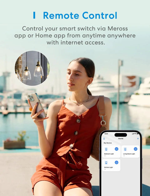 Woman using smartphone app for Four Pack 3 Way Smart Light Switch That Works With Apple HomeKit Siri Alexa Google Assistant SmartThings