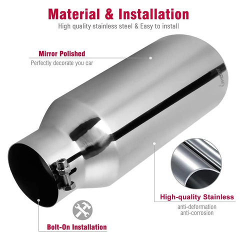 Universal Diesel Truck Exhaust Tip 4 Inch Inlet 6 Inch Outlet, 15 Inch Long Stainless Steel Bolt-On With Rolled Edge and Mirror Polished Finish
