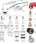 Diagram of 24 Piece IPT40 Plasma Cutter Consumables Kit With Quick Release Electrodes And Nozzles For 55DS Pro And 65DS Cutters, parts labeled.