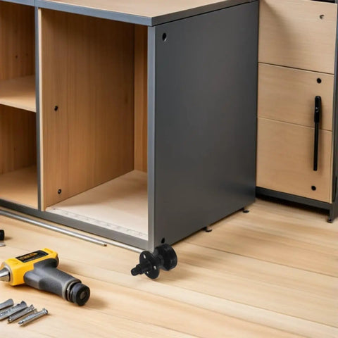 Adjustable Furniture Leveling Legs Set, Four Pack With 3/8-16 Threads next to cabinetry on a wood floor