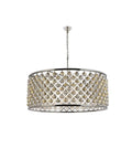 Madison Collection Ten Light Pendant With Royal Cut Clear Crystal Spheres Suspended By Polished Nickel And Golden Teak Frame For Kitchen Island Dining Room, detailed view of pendant light.