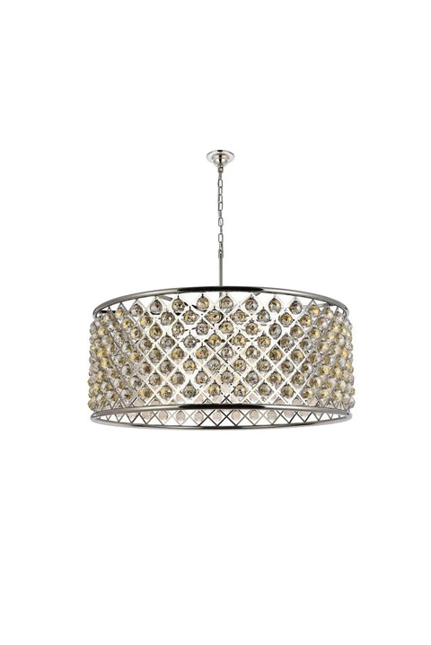 Madison Collection Ten Light Pendant With Royal Cut Clear Crystal Spheres Suspended By Polished Nickel And Golden Teak Frame For Kitchen Island Dining Room, detailed view of pendant light.