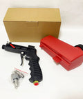 Wreck Old Rust And Peeling Paint Fast With This Heavy Duty Gravity Sandblaster Gun Kit Using A Ninety Psi Pneumatic Trigger To Prep Metal And Wood Smooth Without Breaking A Sweat In Red, featuring gun, red hopper, and accessories.
