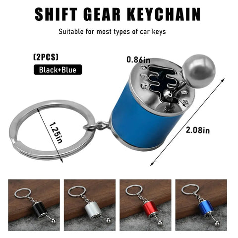 Hella Dope Two Pack Gearbox Keychain Featuring Six Speed Manual Shifter Shape With Transmission Stick Keyring in blue and black.