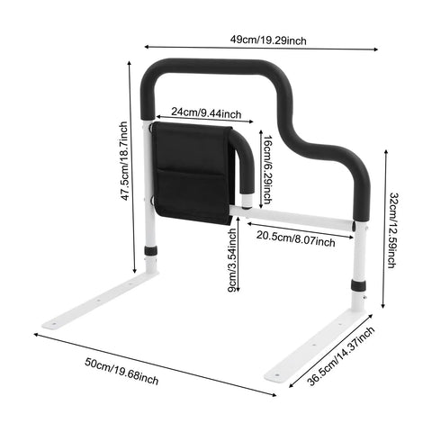Bedside Grab Rail For Seniors With Storage, L Shaped Bed Rail For Safety And Mobility, fits 3.94-5.91 inch mattresses, dimensions shown