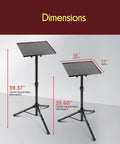 Universal Laptop Projector Tripod Stand Foldable Design Heavy Duty Workhorse Mount shown with adjustable heights and 14x11 inch plate dimensions