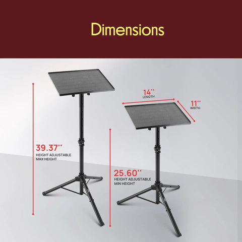 Universal Laptop Projector Tripod Stand Foldable Design Heavy Duty Workhorse Mount shown with adjustable heights and 14x11 inch plate dimensions