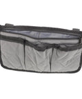 Must Have Bedside Organizer Bag With Four Pockets And Cup Holder, gray quilted caddy with zipper phone pouch for bed rail