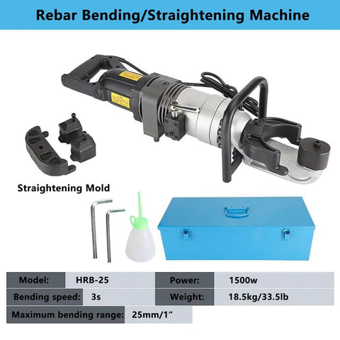 Portable 1200W Electric Hydraulic Rebar Bender For 7/8 Inch #22 Steel Rods 90 Degree Bending Machine With Storage Case low noise, showing rebar bender with accessories.