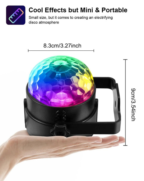Compact Sound Activated Party Lights With Remote DJ Lighting 7 Modes Rotating Disco Ball held in hand