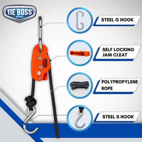 One Quarter Inch Medium Duty Tie Down System With Fifteen Foot Rope Weather Resistant 150 Lbs Working Load Jam Cleat