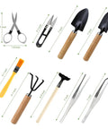 All In One Bonsai Tools Set For Beginners And Hobbyists, 9 Piece Mini Garden Kit With pruning shears, rake, and tweezers displayed