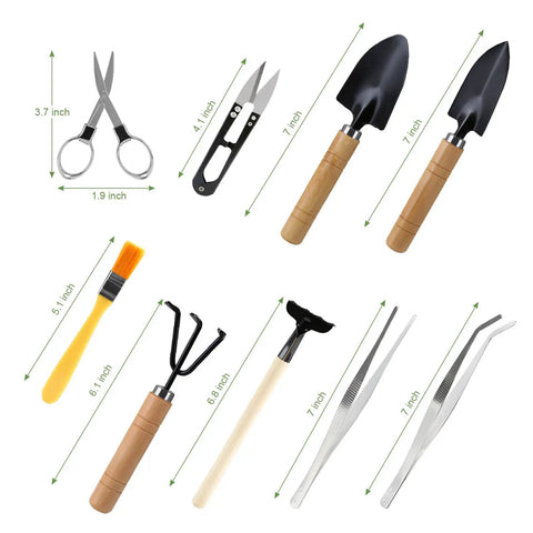 All In One Bonsai Tools Set For Beginners And Hobbyists, 9 Piece Mini Garden Kit With pruning shears, rake, and tweezers displayed
