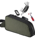 Frame Storage Pouch For Cycling Top Tube Bag And Bikepacking Gear with tools, green zippered holder, and phone visible