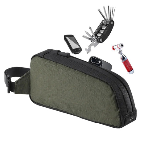 Frame Storage Pouch For Cycling Top Tube Bag And Bikepacking Gear with tools, green zippered holder, and phone visible