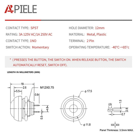 Diagram and specifications of 12mm Waterproof Momentary Push Button Switch 2 Pin SPST NO, for DIY electronics and arcade cabinets.
