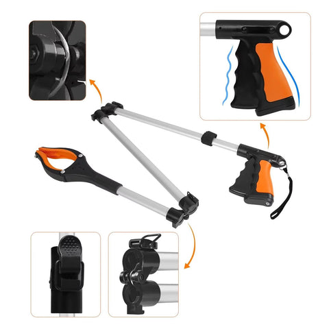 43-inch foldable reacher grabber with rotating jaw and magnets, orange and black pistol-grip handle