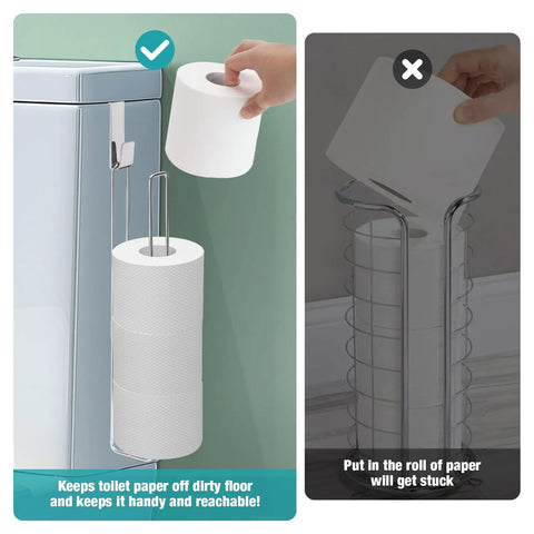 Over The Tank Toilet Paper Storage Holder For Four Rolls And Mega Rolls Up To Six Point Five Inches Diameter Stainless Steel Rustproof Wall Mount RV And Bathroom Organization Silver Finish No Hassle Keepin It Organized illustrated with usage comparison.