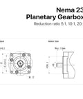 Nema 23 Planetary Gearbox Speed Reducer For Stepper Motors schematic showing output and motor size dimensions.