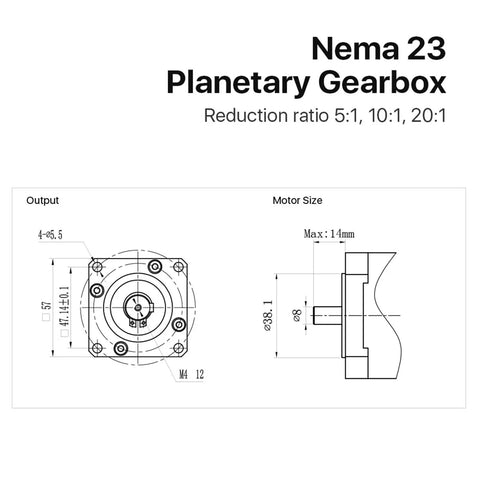 Nema 23 Planetary Gearbox Speed Reducer For Stepper Motors schematic showing output and motor size dimensions.
