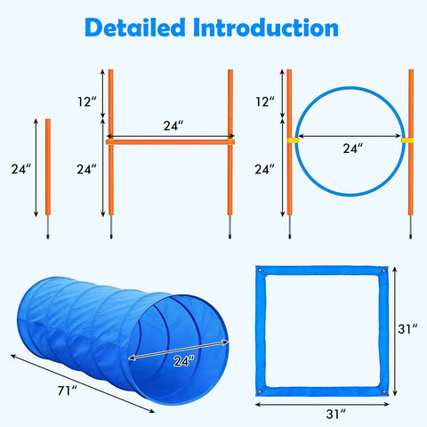 Diagrams of Dog Agility Course Backyard Set For Training And Totally Fun, Easy Setup Obstacle Kit components with measurements