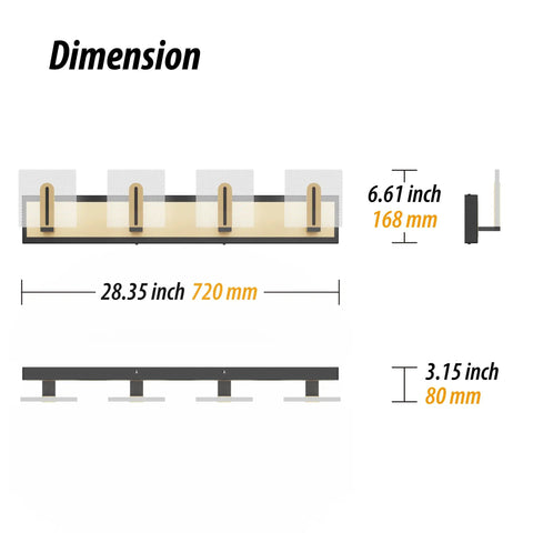 Dimensions of Sleek 28.35-Inch LED Vanity Light In Black And Gold With Clear Bubble Glass Shades 4000K Neutral White Damp Rated Fixture