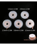 Desoldering Braided Solder Wick Remover Kit For Electronics Repair Pro Grade Copper Wire Sucker Lead Cord Flux Tool with diameter sizes labeled 1.5mm to 3.5mm and length 1.5m each.