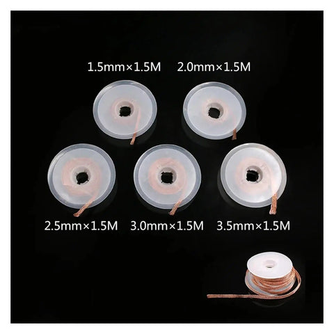Desoldering Braided Solder Wick Remover Kit For Electronics Repair Pro Grade Copper Wire Sucker Lead Cord Flux Tool with diameter sizes labeled 1.5mm to 3.5mm and length 1.5m each.