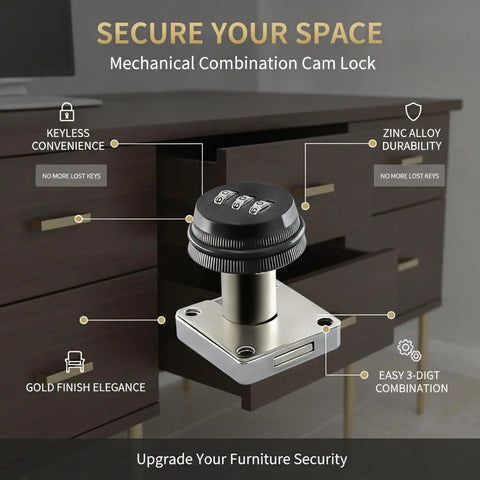 Keyless Mechanical Cam Lock for Drawers Gold Zinc Alloy Cabinet Security with 3 Digit Combination Dial close-up on open drawer