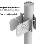 Adjustable pole mount brackets for 12V 30W Solar Battery Trickle Charger And Maintainer with different pole sizes labeled.