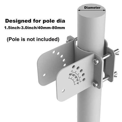 Adjustable pole mount brackets for 12V 30W Solar Battery Trickle Charger And Maintainer with different pole sizes labeled.