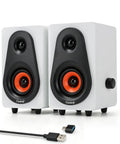 White USB Powered Computer Speakers With Built In Audio Output For Crisp Digital Sound, wooden finish, dual diaphragm