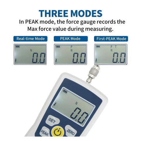 Digital Force G Pro Grade Dynamometer Push And Pull Tester For Compression 100N Capacity With Real Time Peak And First Peak Modes Four Unit Options N Kg Lb Oz And Adjustable Acceleration Setting For Precise Force Measurement. handheld digital force gauge with three display modes and metal connector